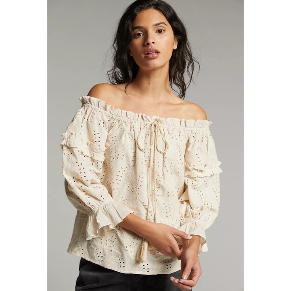Anthropologie Jane Eyelet Lace Off-The-Shoulder Blouse Ivory NWT Size 16W - Picture 5 of 16